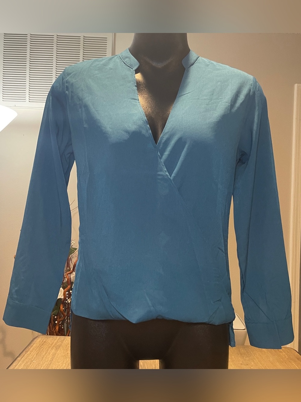 Dohia Women’s Teal Surplice Long-Sleeve Blouse, Size Medium